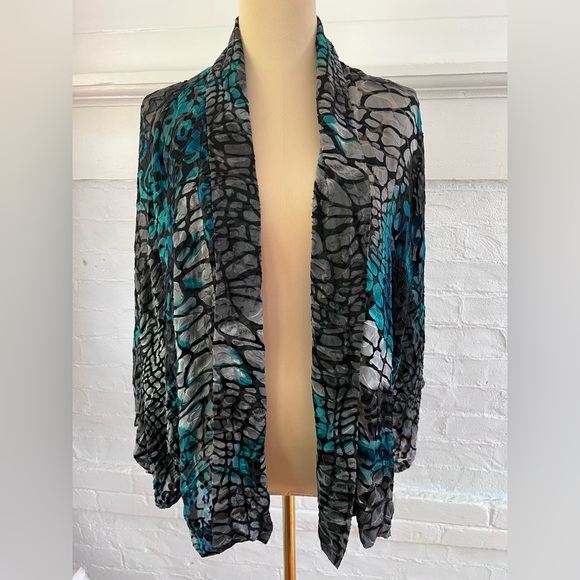 Chicos Silk Blend Burnout Kimono Black Gray Turquoise Reptile Size Medium Large - Picture 1 of 10